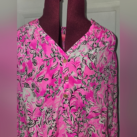 Lilly Pulitzer Pink Patterned Silk Elsa Long Sleeve Blouse Gold Buttons Small - Picture 3 of 10
